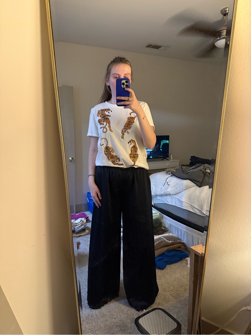 Navy Satin Wide-Leg Lounge Pants with Lace Trim
